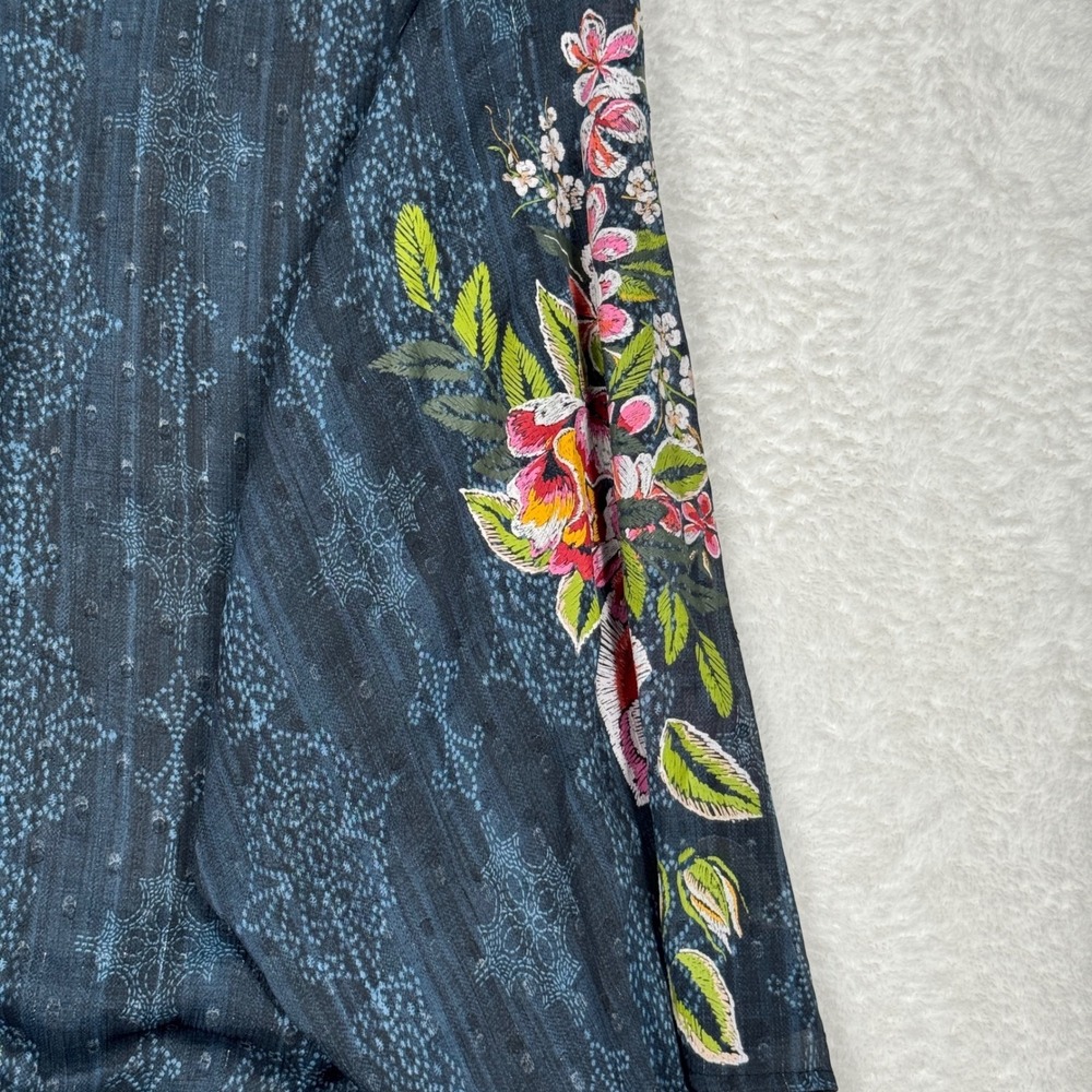 Cato Lace Up Blouse Womens 26/28 Blue Boho Floral Embroidered Sheer Smocked - Picture 3 of 11
